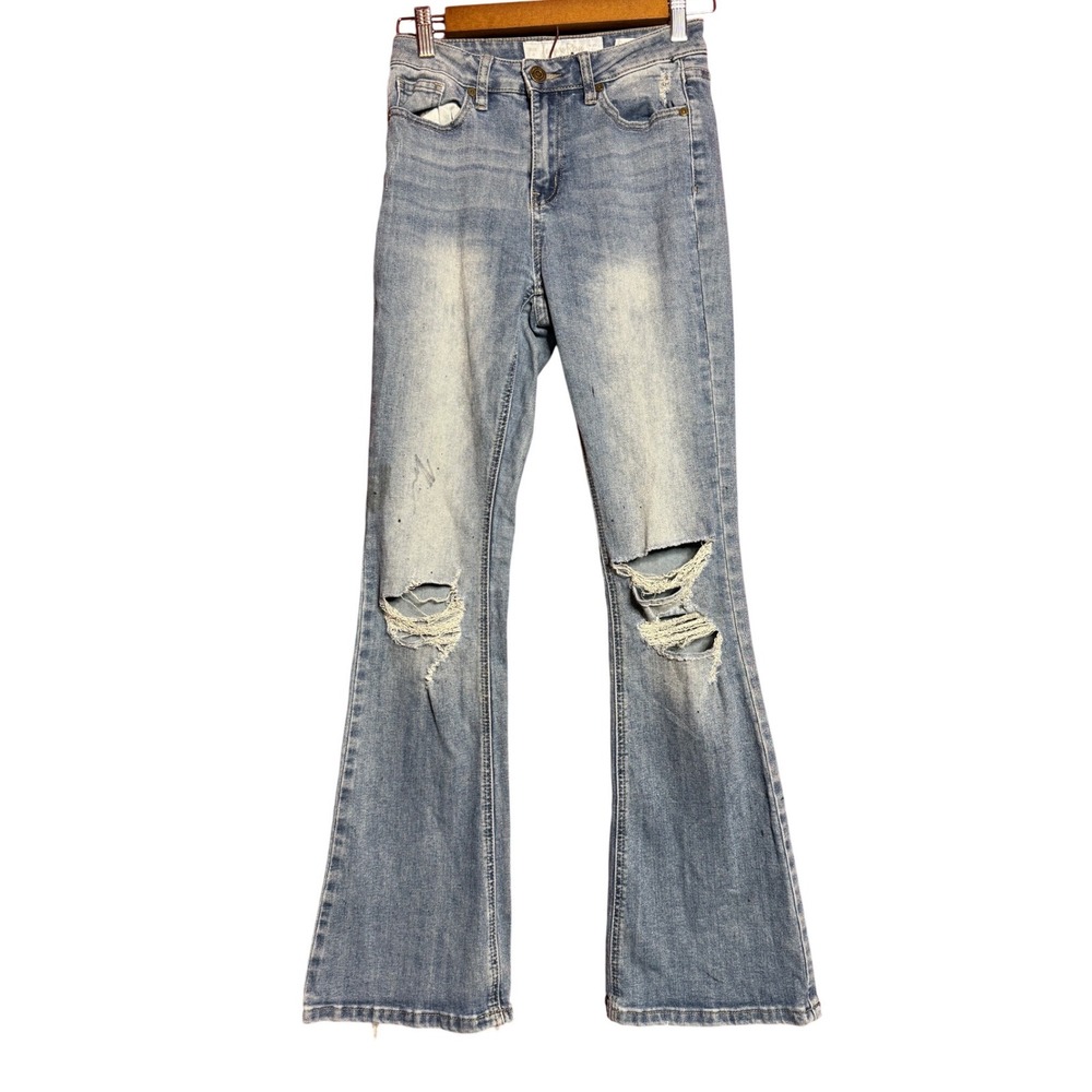 Indigo Rein Women Size 3 Curvy High Rise Flare Jeans Distressed Light Wash Denim